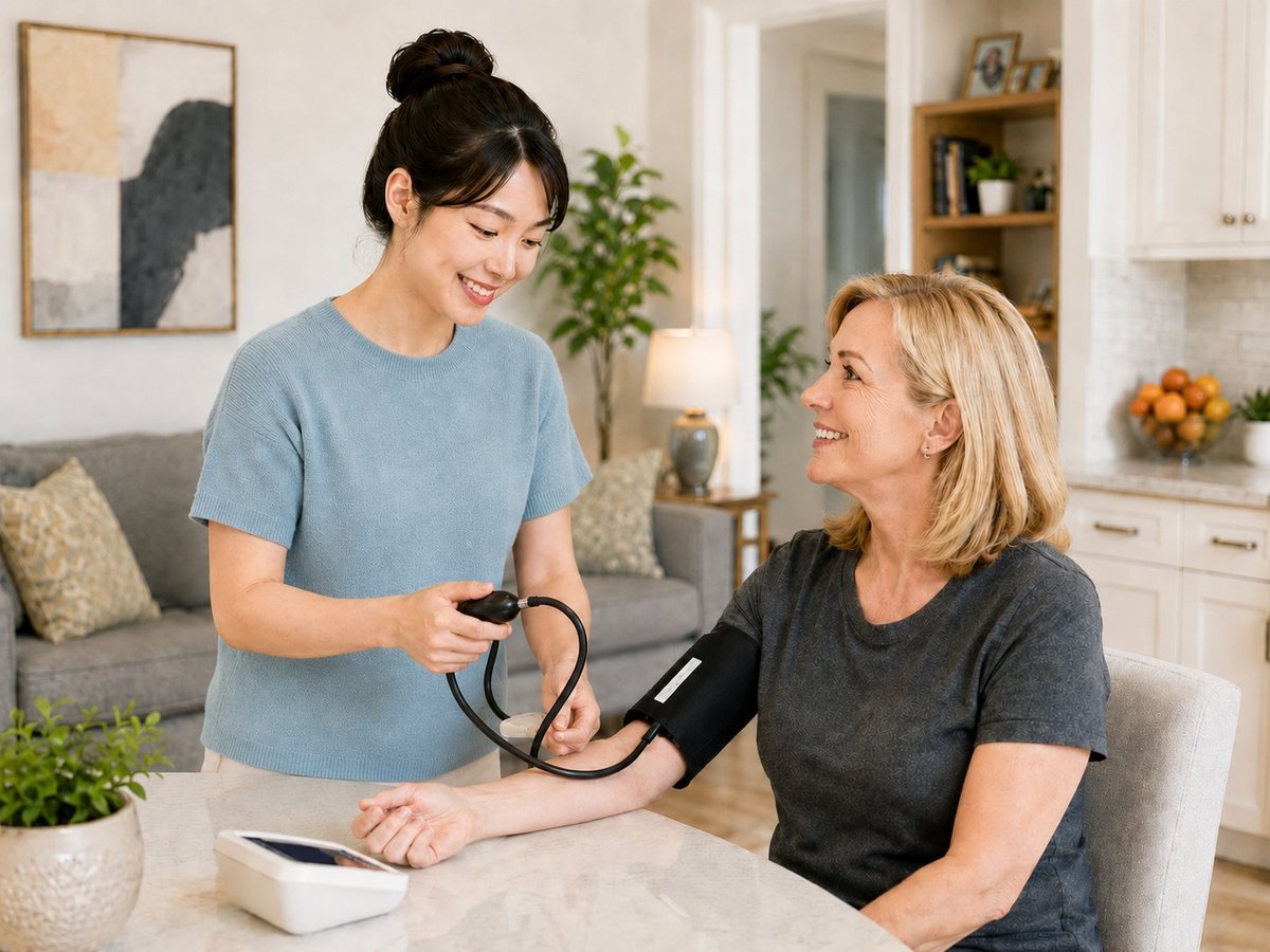 An AACA support worker checking a participant's blood pressure at the kitchen table