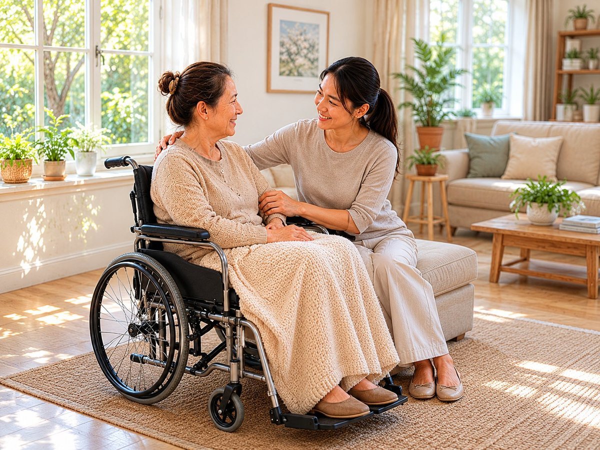 A support worker sharing a warm moment at home with a participant who uses a wheelchair