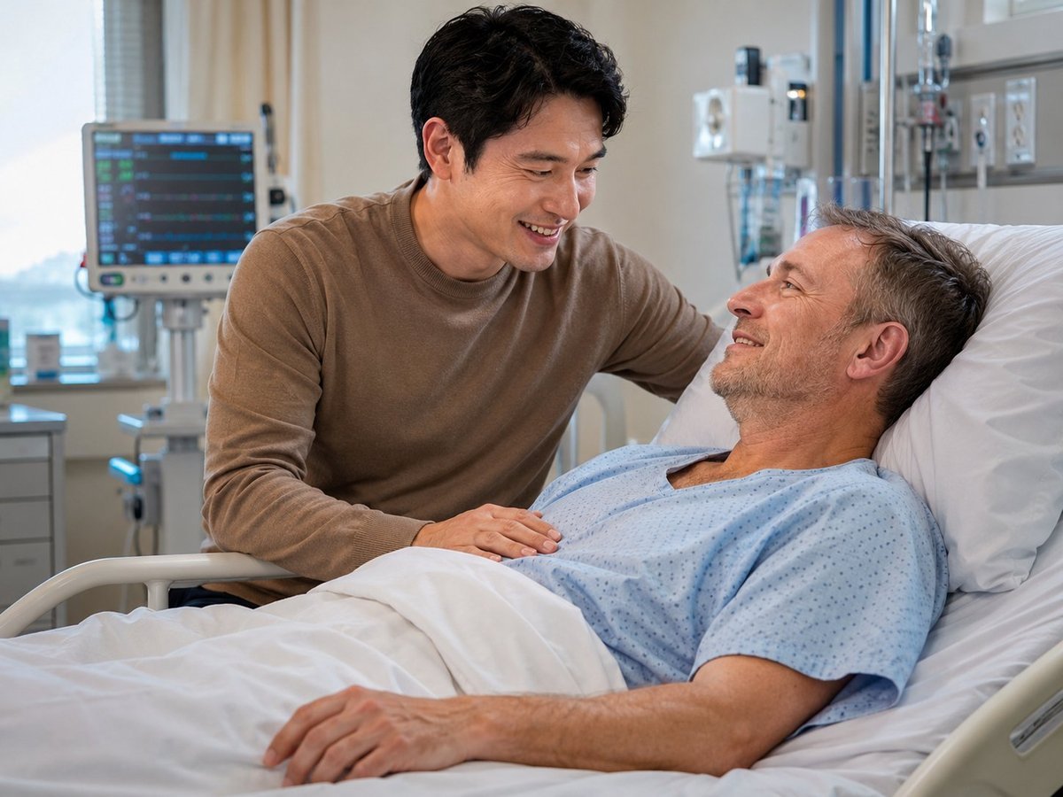 An AACA support worker sitting with a participant in a hospital waiting area before a medical appointment