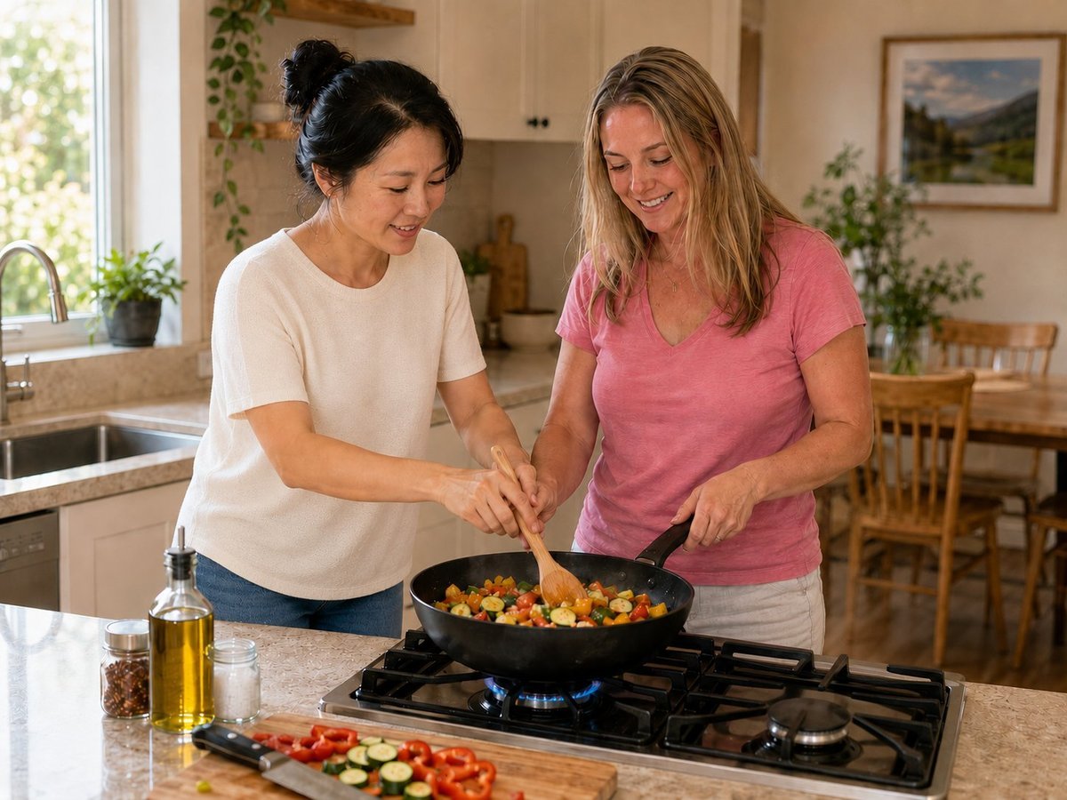 A support worker and a participant cooking fresh vegetables together in a home kitchen