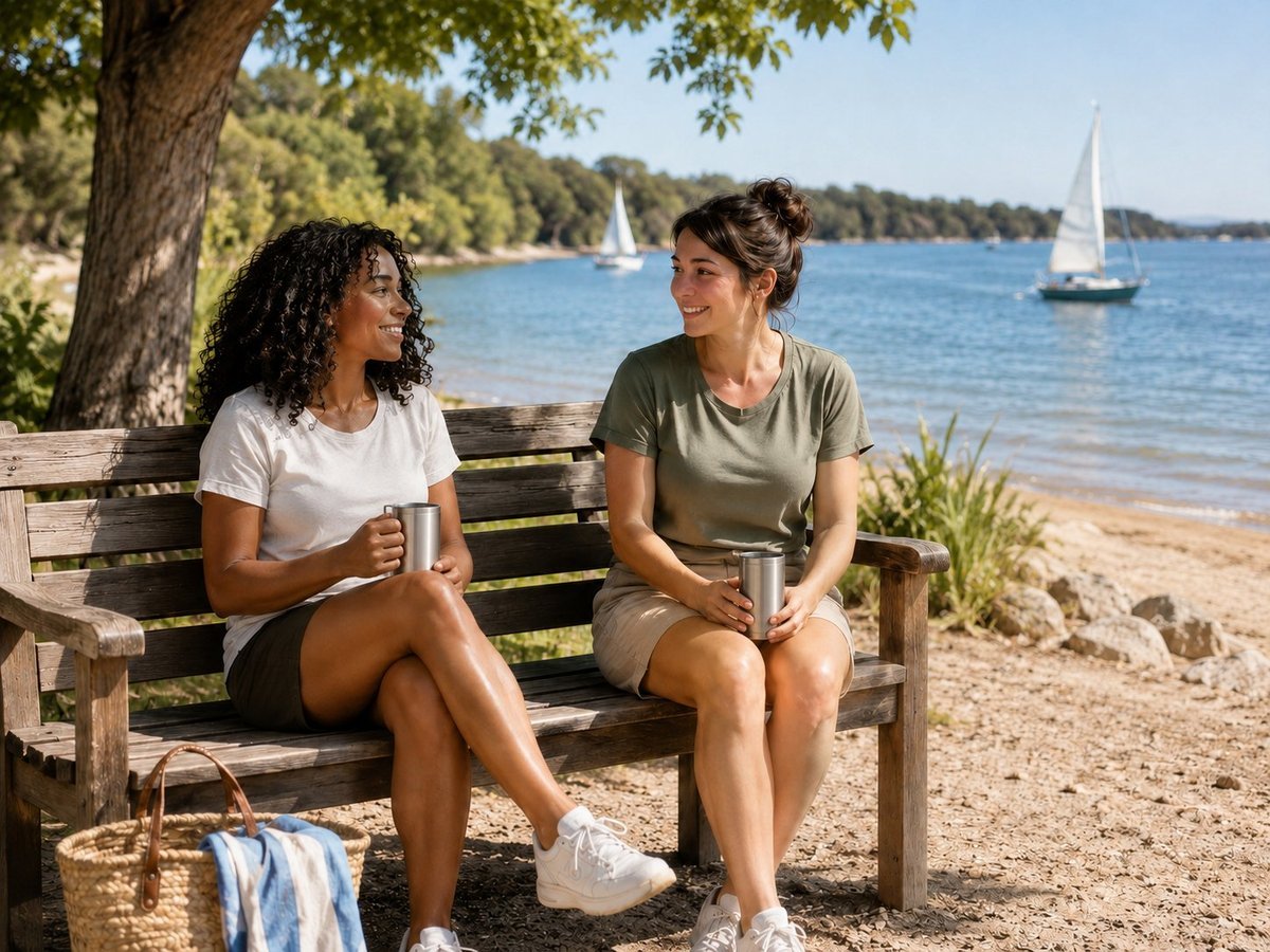 Two people enjoying a relaxed break together on a bench by the water