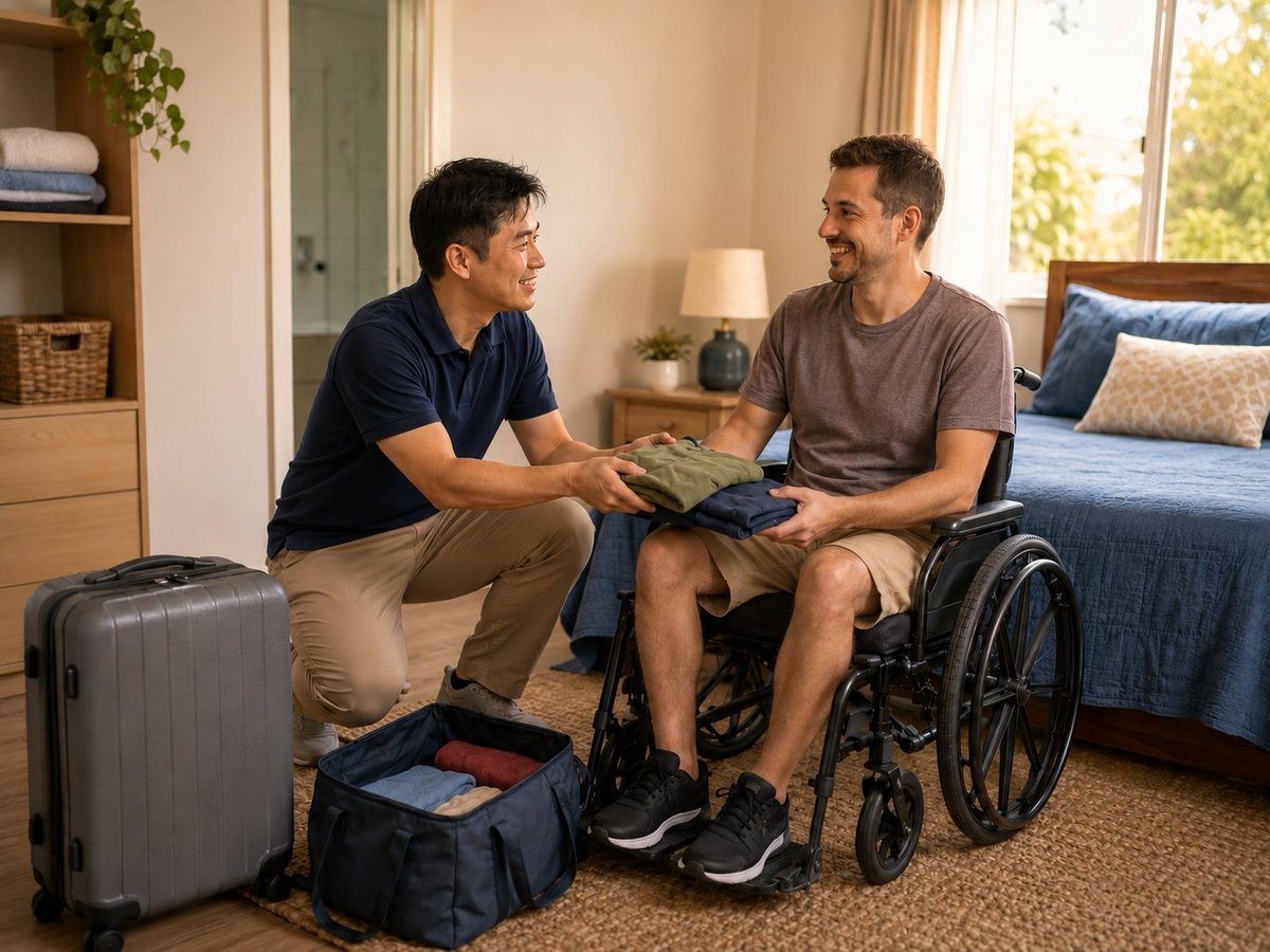 An AACA support worker helping a participant pack a bag for a short respite stay