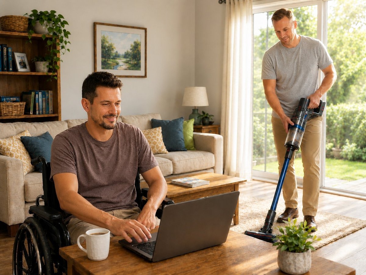 A support worker vacuuming the living room while a participant relaxes with a coffee and laptop