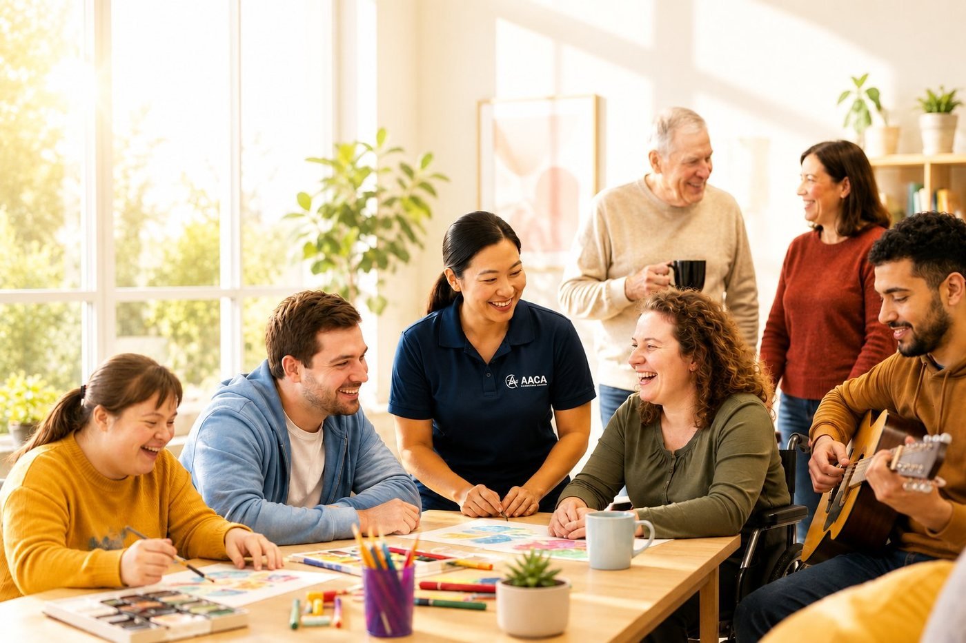 An AACA support worker in a navy polo laughing with a diverse group of participants of different ages during an art and music activity in a bright, sunlit room